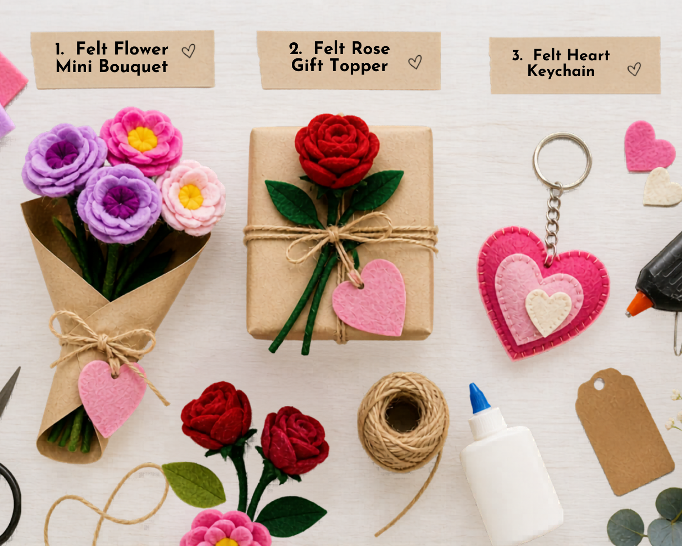 A collage-style setup showing several finished felt gift projects together